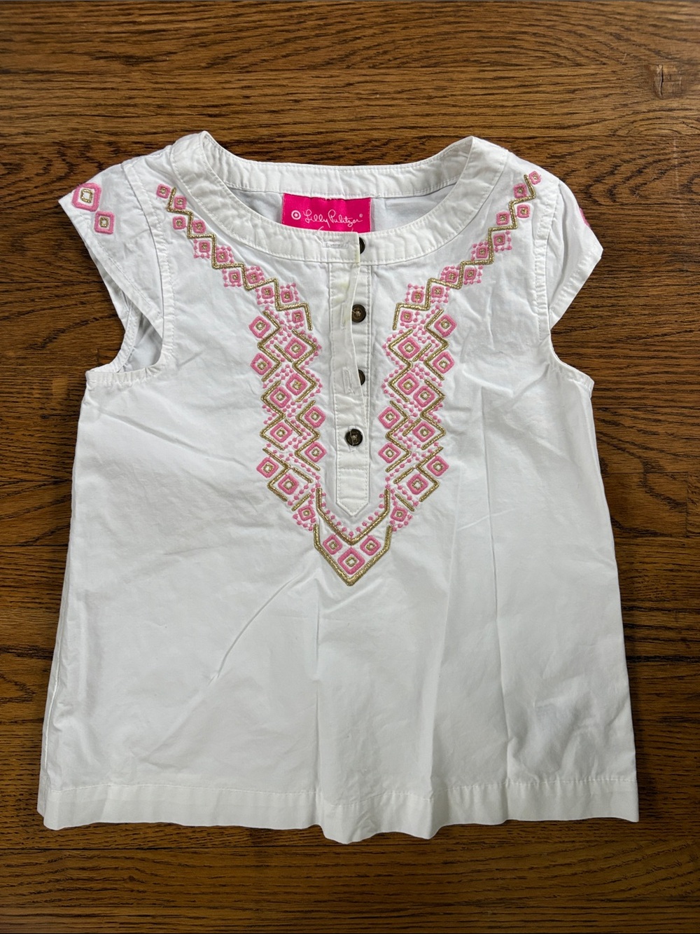 Lilly Pulitzer White Cap-Sleeve Top with Pink & Gold Embroidery
